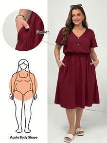 Shapeblank Plus Size Summer Casual Solid Color Short Sleeve Dress Formal Vacation Burgundy - Burgundy - View 2