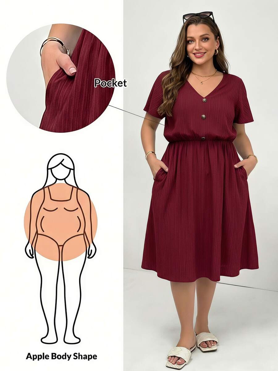 Shapeblank Plus Size Summer Casual Solid Color Short Sleeve Dress Formal Vacation Burgundy