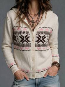 SHEIN LUNE Hooded Heart Jacquard Slim Fit Autumn/Winter Knit Cardigan - White - View 8