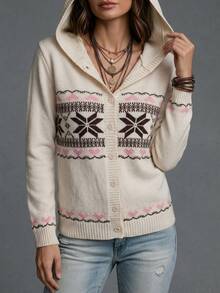 SHEIN LUNE Hooded Heart Jacquard Slim Fit Autumn/Winter Knit Cardigan - White - View 2
