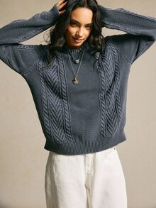 SoleilVie Women's Retro Slate Blue Cable Knit Sweater,Casual Round Neck Long-Sleeved Loose Distressed Washed Textured Tops For Everyday Fashion Autumn Winter - Black - View 5