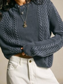 SoleilVie Women's Retro Slate Blue Cable Knit Sweater,Casual Round Neck Long-Sleeved Loose Distressed Washed Textured Tops For Everyday Fashion Autumn Winter - Black - View 7