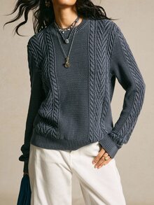 SoleilVie Women's Retro Slate Blue Cable Knit Sweater,Casual Round Neck Long-Sleeved Loose Distressed Washed Textured Tops For Everyday Fashion Autumn Winter - Black - View 6