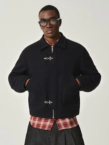 STYNVO Men's Long Sleeve Overcoat With Airplane Buckle Placket - Black - View 4