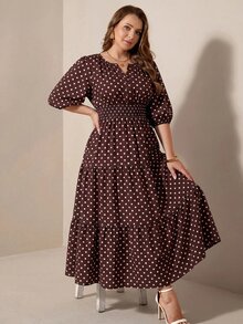 Comfylo 女款大尺碼缺口V領中袖棕色長洋裝，適合下午茶、正式場合、海灘、早午餐、派對，秋季 2000s 90s 休閒 1920 復古優雅傳統風 - 棕色 - 查看 2