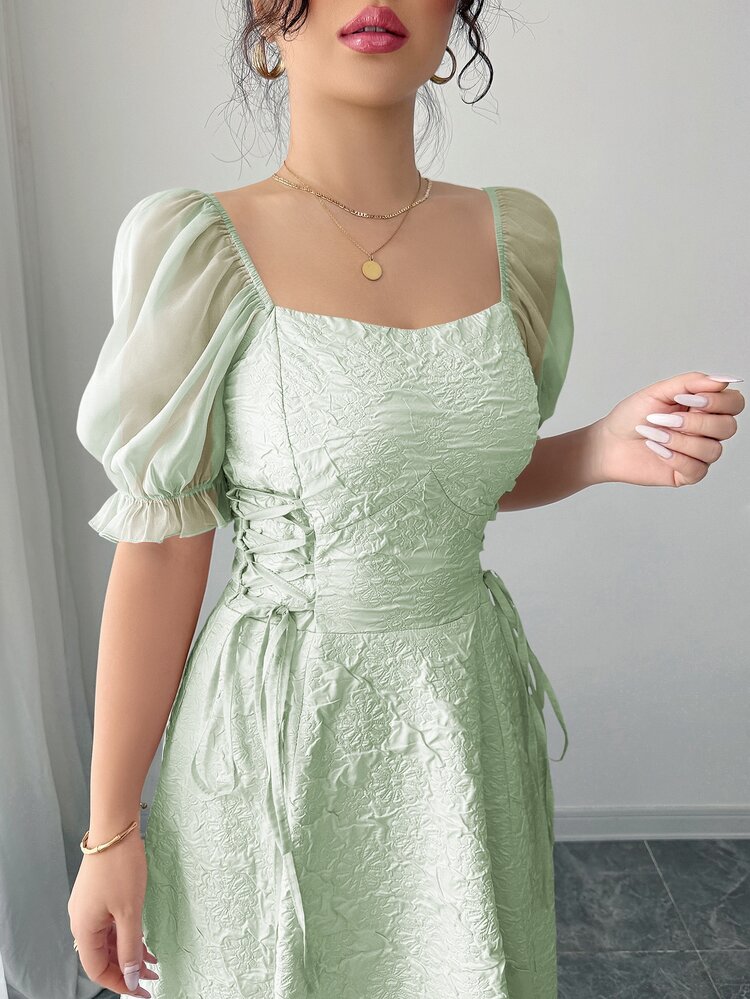 Modelyn Elegant Sheer Puff Sleeve Cinched Waist Flared Hem Long Mint Green Dress For Women, For Parties, Date Night Special Occasion Evening Events - Mint Green - View 2