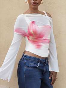 Yess Loren Fitted Mesh Floral Print Cream T-Shirt For Women, Suitable For Date, Party, Casual And Work - Apricot - View 5