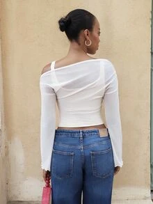 Yess Loren Fitted Mesh Floral Print Cream T-Shirt For Women, Suitable For Date, Party, Casual And Work - Apricot - View 2