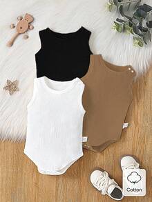 SHEIN Vintaside Kids 3件組嬰兒夏季休閒套裝 背心連身衣 柔軟棉質面料 棕色系 白色 黑色 混色灰 基礎款 親子穿搭 - 彩色 - 查看 5
