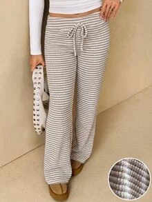 SHEIN Tall بنطال طويل للنساء بخصر منخفض جداً مع رباط وخطوط - كاكي - مشاهدة 6