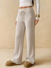 SHEIN Tall بنطال طويل للنساء بخصر منخفض جداً مع رباط وخطوط - كاكي - مشاهدة 3