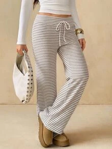 SHEIN Tall بنطال طويل للنساء بخصر منخفض جداً مع رباط وخطوط - كاكي - مشاهدة 7