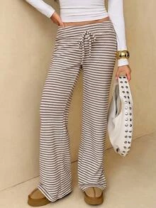 SHEIN Tall بنطال طويل للنساء بخصر منخفض جداً مع رباط وخطوط - كاكي - مشاهدة 4