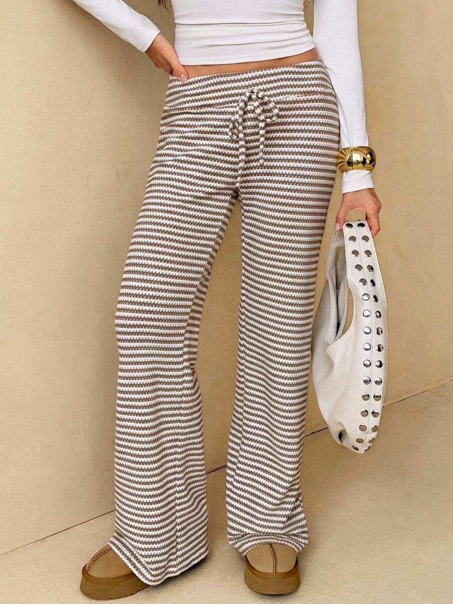 SHEIN Tall Women's Lace-Up Striped Ultra Low Waist Long Pants - Khaki - View 1
