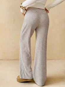 SHEIN Tall بنطال طويل للنساء بخصر منخفض جداً مع رباط وخطوط - كاكي - مشاهدة 2