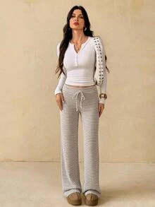 SHEIN Tall بنطال طويل للنساء بخصر منخفض جداً مع رباط وخطوط - كاكي - مشاهدة 5