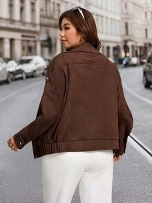 SHEIN LUNE Plus Size Women's Solid Color Long Sleeve Zipper Front Casual Jacket - Mocha Brown - View 6