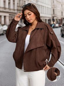 SHEIN LUNE Plus Size Women's Solid Color Long Sleeve Zipper Front Casual Jacket - Mocha Brown - View 2