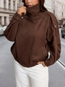 SHEIN LUNE Plus Size Women's Solid Color Long Sleeve Zipper Front Casual Jacket - Mocha Brown - View 5