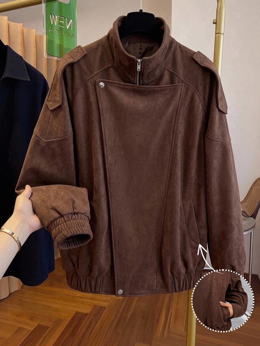 SHEIN LUNE Plus Size Women's Solid Color Long Sleeve Zipper Front Casual Jacket - Mocha Brown - View 1