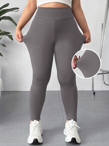 SHEIN PETITE CURVE 大尺碼女款純色高腰休閒緊身褲 健身運動黑色夏季款 - 灰色 - 查看 2