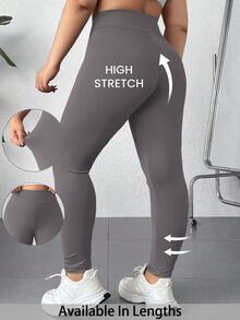 SHEIN PETITE CURVE 大尺碼女款純色高腰休閒緊身褲 健身運動黑色夏季款 - 灰色 - 查看 1