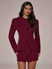 SHEIN BAE Setelan Elegan Wanita Warna Polos, Jaket dan Rok Lengan Panjang Kerah Bulat - Burgundy - View 5