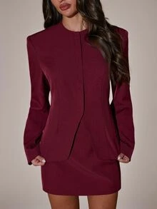 SHEIN BAE Setelan Elegan Wanita Warna Polos, Jaket dan Rok Lengan Panjang Kerah Bulat - Burgundy - View 7