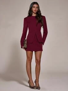 SHEIN BAE Setelan Elegan Wanita Warna Polos, Jaket dan Rok Lengan Panjang Kerah Bulat - Burgundy - View 4