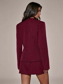 SHEIN BAE Setelan Elegan Wanita Warna Polos, Jaket dan Rok Lengan Panjang Kerah Bulat - Burgundy - View 2