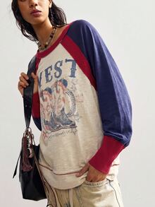 Bohemela Casual Retro Vintage 70s Western Knit Round Neck Long Sleeve Loose Fit Women's Top Everyday Travel Blue Autumn Graphic - Multicolor - View 4