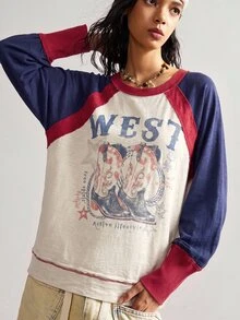 Bohemela Casual Retro Vintage 70s Western Knit Round Neck Long Sleeve Loose Fit Women's Top Everyday Travel Blue Autumn Graphic - Multicolor - View 3