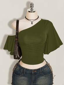 SHEIN ICON Women's Solid Color Asymmetrical Shoulder Ruffle Short Sleeve Fashion Top Club Night Out Olive Green Summer Sexy - Army Green - View 12