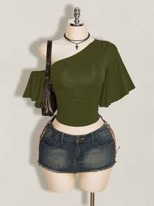 SHEIN ICON Women's Solid Color Asymmetrical Shoulder Ruffle Short Sleeve Fashion Top Club Night Out Olive Green Summer Sexy - Army Green - View 4