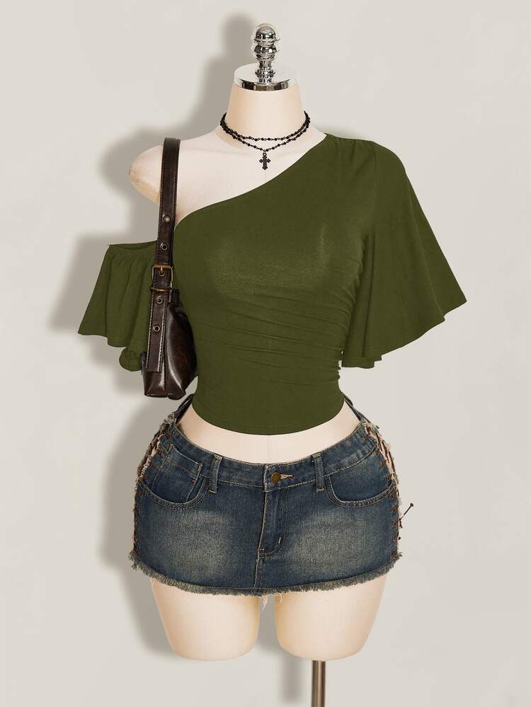 SHEIN ICON Women's Solid Color Asymmetrical Shoulder Ruffle Short Sleeve Fashion Top Club Night Out Olive Green Summer Sexy - Army Green - View 4