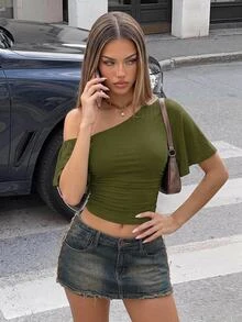 SHEIN ICON Women's Solid Color Asymmetrical Shoulder Ruffle Short Sleeve Fashion Top Club Night Out Olive Green Summer Sexy - Army Green - View 1