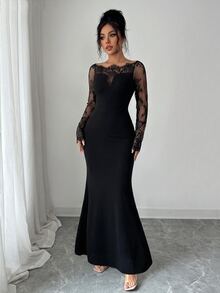 SHEIN Raffinéa 優雅蕾絲拼接萬聖節派對洋裝 - 黑色 - 查看 6