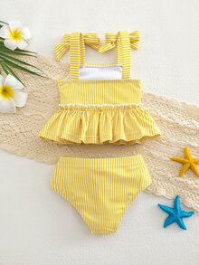 SHEIN Baby Girl Bow Decor Striped Ruffle Cute Swimsuit Top And Shorts Set - Yellow - View 7