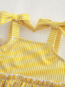 SHEIN Baby Girl Bow Decor Striped Ruffle Cute Swimsuit Top And Shorts Set - Yellow - View 3