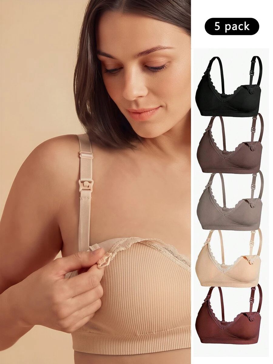 SHEIN 5pcs Women's Popular Fashion Comfortable Minimalist Solid Color High Cost-Performance High Quality Maternity Nursing Bras - Multicolor - View 1
