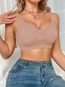 SHEIN 孕妇纯色简约哺乳文胸（带护垫） - 摩卡棕 - 查看 6