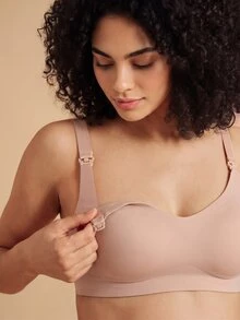 SHEIN 孕妇纯色简约哺乳文胸（带护垫） - 摩卡棕 - 查看 2