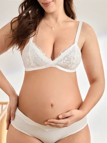 Moonlight&Mama Maternity Solid Color Lace Patchwork Nursing Sexy Lingerie Bra - White - View 6