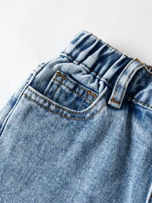 幼兒休閒可愛風寬鬆寬腿牛仔長褲，附甜美蝴蝶結，舒適日常玩耍穿著 - 中等水洗藍 - 查看 7