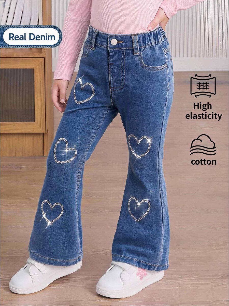 Girls' Shiny Heart Rhinestone Design Y2K Retro Blue Washed Flared Jeans, Slim Fit Stretch Elastic Waist, All-Season New Casual Fashion Minimalist Versatile Children's Wide Leg Denim Pants - Medium Wash - View 1