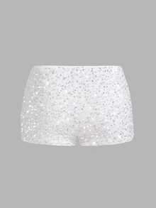 SHEIN ICON Sexy Sequin Shorts For Party, Nightclub, Back To School Season White - White - View 2
