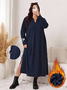 SHEIN LUNE Plus Size Women Solid Color Lapel Long Sleeve Side Slit Hem Casual Flowy Baggy Dress Home Wear Vacation Evening Navy Blue Autumn - Navy Blue - View 7