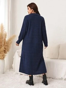 SHEIN LUNE Plus Size Women Solid Color Lapel Long Sleeve Side Slit Hem Casual Flowy Baggy Dress Home Wear Vacation Evening Navy Blue Autumn - Navy Blue - View 6