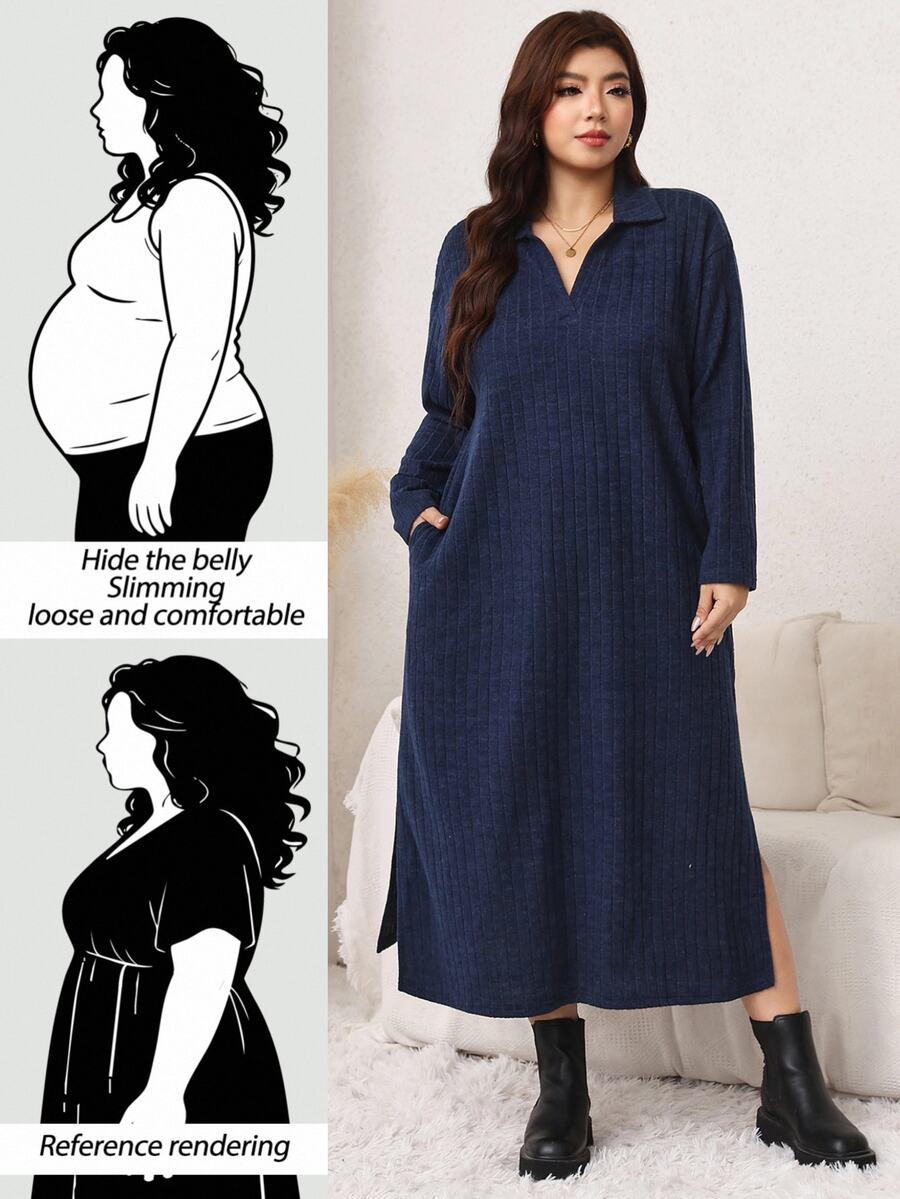 SHEIN LUNE Plus Size Women Solid Color Lapel Long Sleeve Side Slit Hem Casual Flowy Baggy Dress Home Wear Vacation Evening Navy Blue Autumn - Navy Blue - View 1