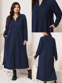 SHEIN LUNE Plus Size Women Solid Color Lapel Long Sleeve Side Slit Hem Casual Flowy Baggy Dress Home Wear Vacation Evening Navy Blue Autumn - Navy Blue - View 2